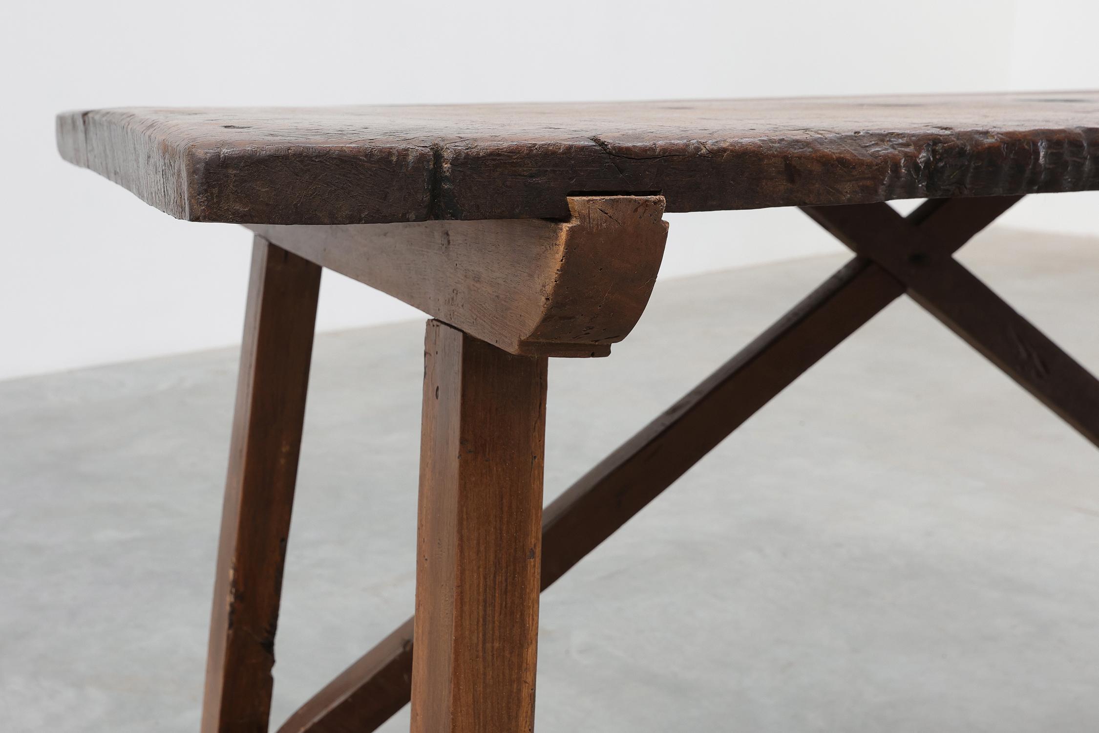 Spanish Rustic Trestle Table with Drawer and X-Stretchers, Spain, 19th Centurythumbnail
